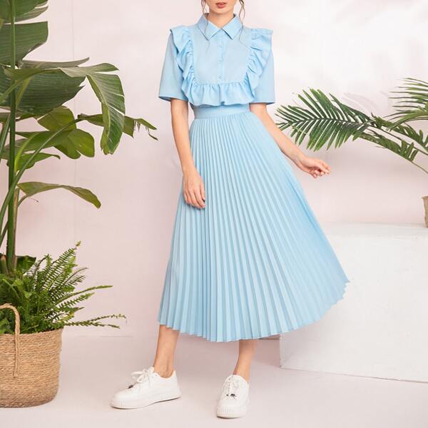 

Ruffle Trim Half Button Blouse & Pleated Skirt, Baby blue