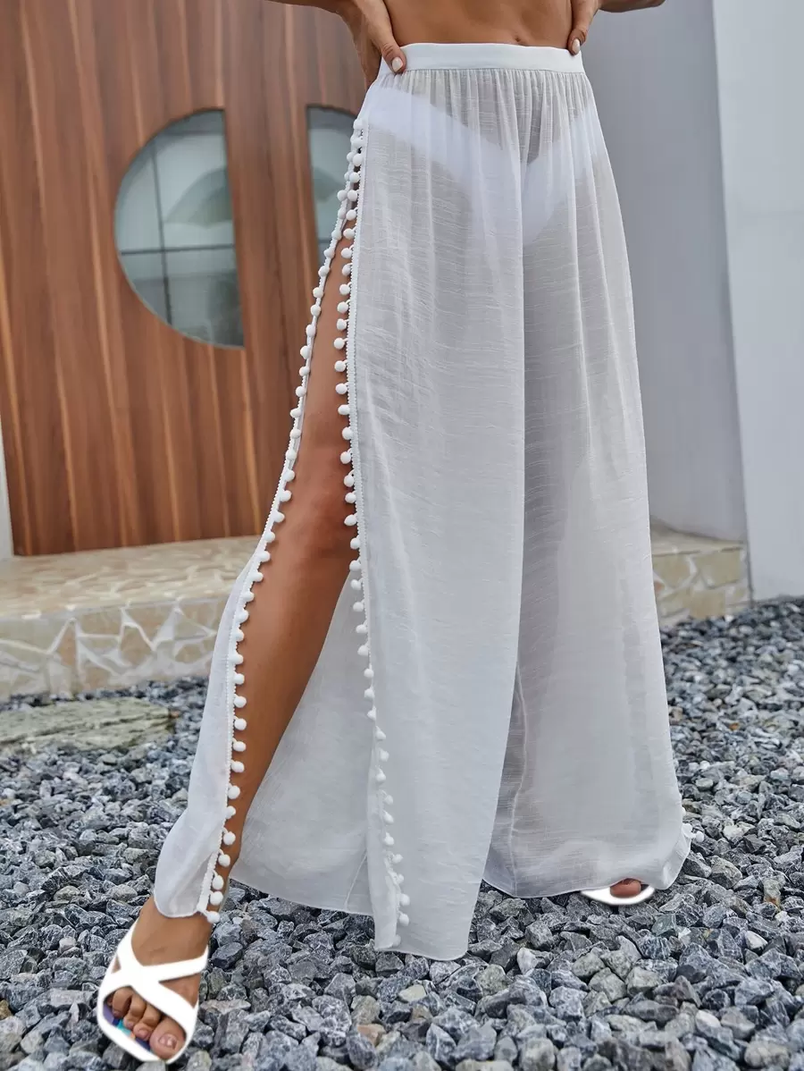 Swim Vcay Summer Beach Pom-Pom Hem Split Thigh Cover Up Pants - White - View 1