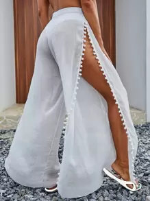 Swim Vcay Summer Beach Pom-Pom Hem Split Thigh Cover Up Pants - White - View 2