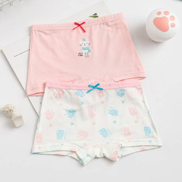 

Girls 2pcs Cat Print Bow Front Shortie Brief, Multicolor
