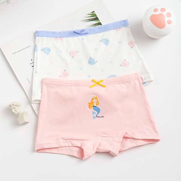 

Girls 2pcs Cartoon Print Bow Detail Shortie Brief, Multicolor