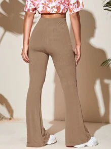 SHEIN Essnce Flare Leg Solid Trousers - Mocha Brown - View 2