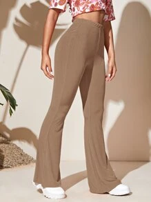 SHEIN Essnce Flare Leg Solid Trousers - Mocha Brown - View 5