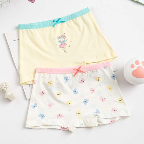 

Toddler Girls 2pcs Figure And Butterfly Print Bow Detail Shortie Brief, Multicolor