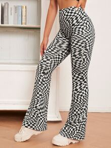 SHEIN EZwear Checked Print Flare Leg Trousers - Black and White - View 1