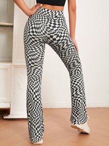 SHEIN EZwear Checked Print Flare Leg Trousers - Black and White - View 2