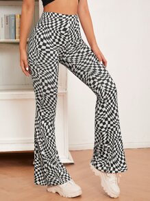 SHEIN EZwear Checked Print Flare Leg Trousers - Black and White - View 3