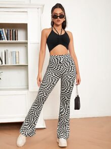 SHEIN EZwear Checked Print Flare Leg Trousers - Black and White - View 4