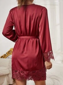 Embroidered Mesh Trim Satin Slips With Belted Robe, Lingerie - Burgundy - View 2