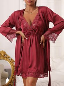 Embroidered Mesh Trim Satin Slips With Belted Robe, Lingerie - Burgundy - View 3