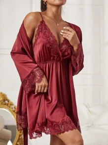 Embroidered Mesh Trim Satin Slips With Belted Robe, Lingerie - Burgundy - View 4