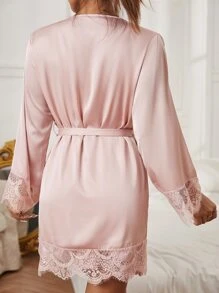 SilkySpell Embroidered Mesh Trim Satin Nightdress With Belted Robe Pajama Set, Fall Winter Clothes - Dusty Pink - View 2