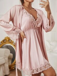 SilkySpell Embroidered Mesh Trim Satin Nightdress With Belted Robe Pajama Set, Fall Winter Clothes - Dusty Pink - View 3