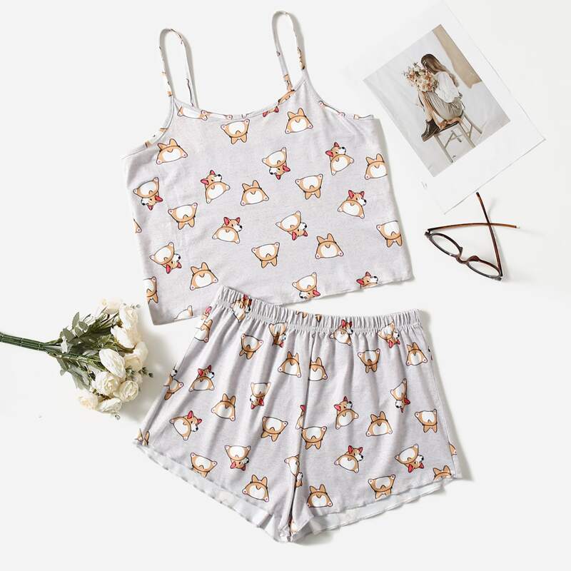 

Dog Print Cami PJ Set, Light grey