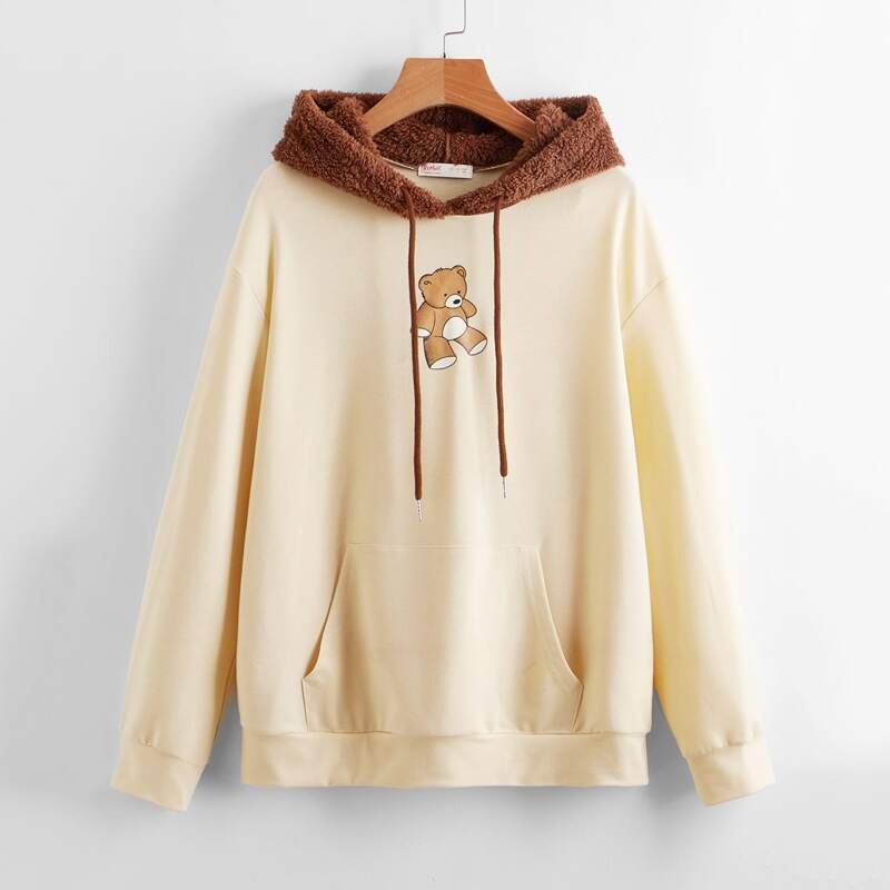 

Colorblock Bear Print Drawstring Kangaroo Pocket Hoodie, Multicolor