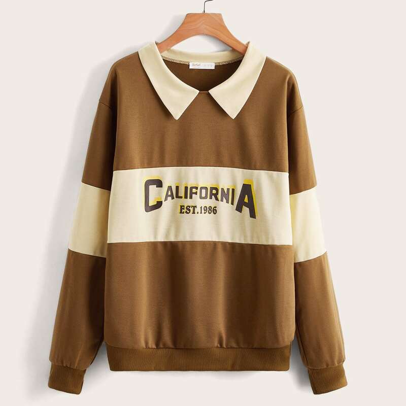 

Colorblock Letter Graphic Contrast Collar Sweatshirt, Multicolor