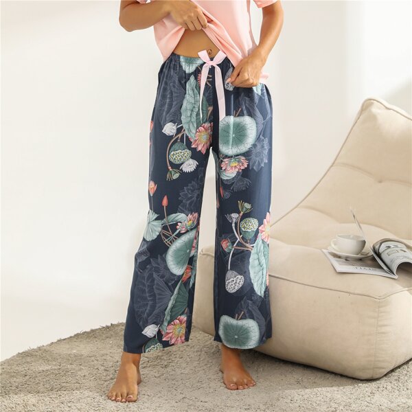 

Ruffle And Lotus Print Bow Front Sleep Pants, Multicolor