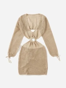 SHEIN Swim 鏤空針織罩衫 - 卡其色 - 查看 4