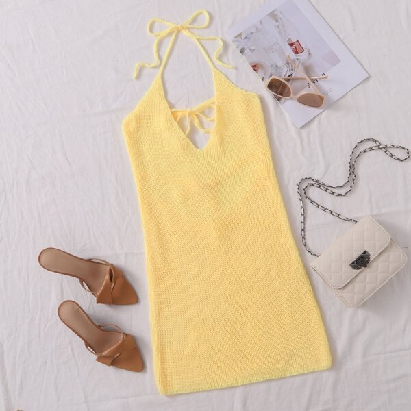 

Knitted Halter Cover Up Dress, Yellow