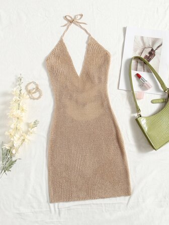 Tie Backless Solid Sweater Dress