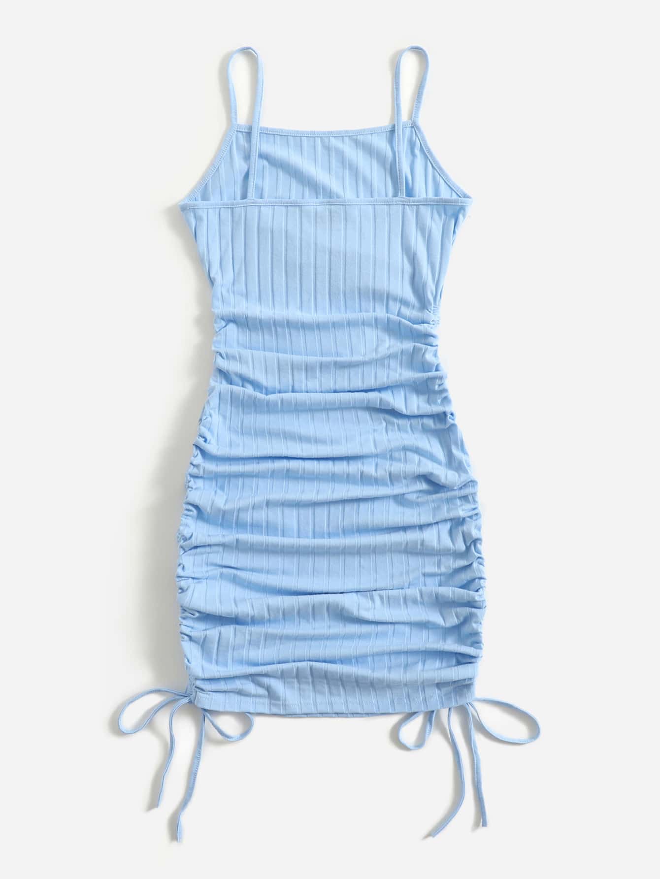 SHEIN EZwear Drawstring Side Rib-knit Dress - Baby Blue - View 2