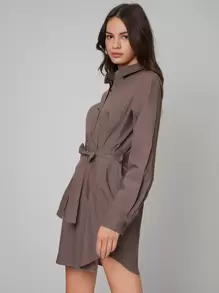 SHEIN BASICS Button Front Belted Patch Pocket Dress - Coffee Brown - View 1