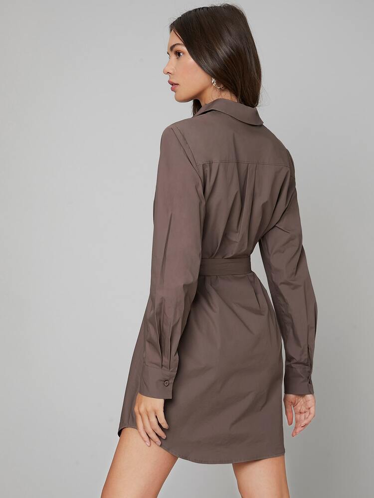 Button Front Belted Patch Pocket Dress