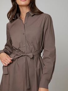 SHEIN BASICS Button Front Belted Patch Pocket Dress - Coffee Brown - View 3
