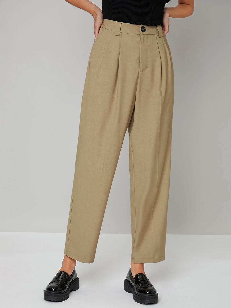 SHEIN BASICS Pantalones a medida unicolor con fruncido - Caqui - Ver 1