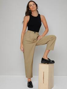 SHEIN BASICS Pantalones a medida unicolor con fruncido - Caqui - Ver 3