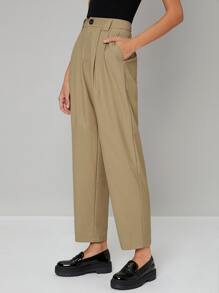 SHEIN BASICS Pantalones a medida unicolor con fruncido - Caqui - Ver 4