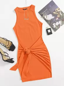 SHEIN Privé Đầm Thắt lưng Gân đan màu trơn Giải trí - trái cam - Xem 1