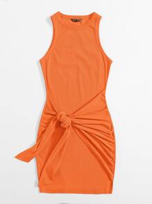 SHEIN Privé Đầm Thắt lưng Gân đan màu trơn Giải trí - trái cam - Xem 3