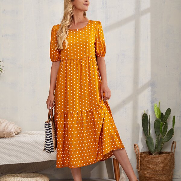 

Polka Dot Ruffle Hem Puff Sleeve Smock Dress, Orange