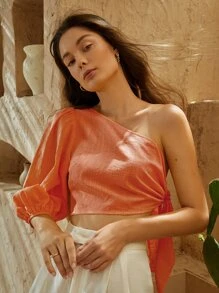 SHEIN VCAY One Shoulder Lantern Sleeve Knot Side Crop Top - Orange - View 1
