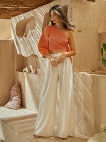 SHEIN VCAY One Shoulder Lantern Sleeve Knot Side Crop Top - Orange - View 3