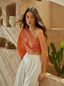 SHEIN VCAY One Shoulder Lantern Sleeve Knot Side Crop Top - Orange - View 4