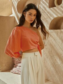 SHEIN VCAY One Shoulder Lantern Sleeve Knot Side Crop Top - Orange - View 5