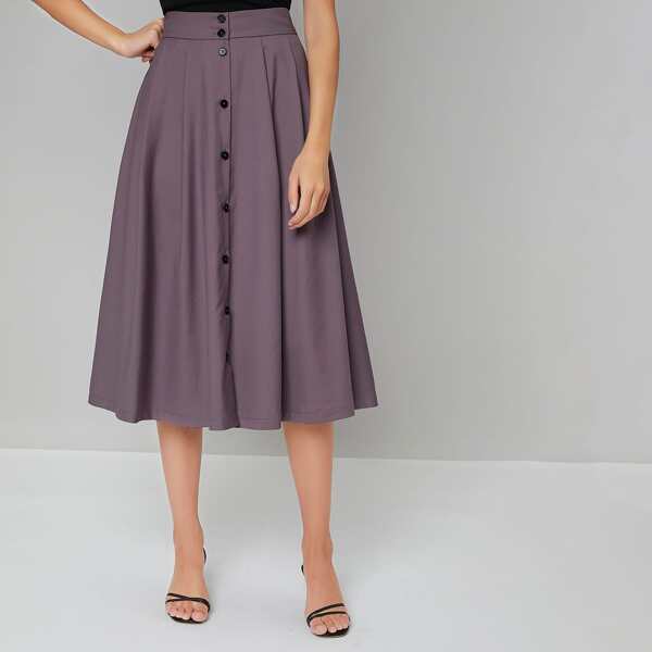

Button Front Fold Pleat Skirt, Mauve purple