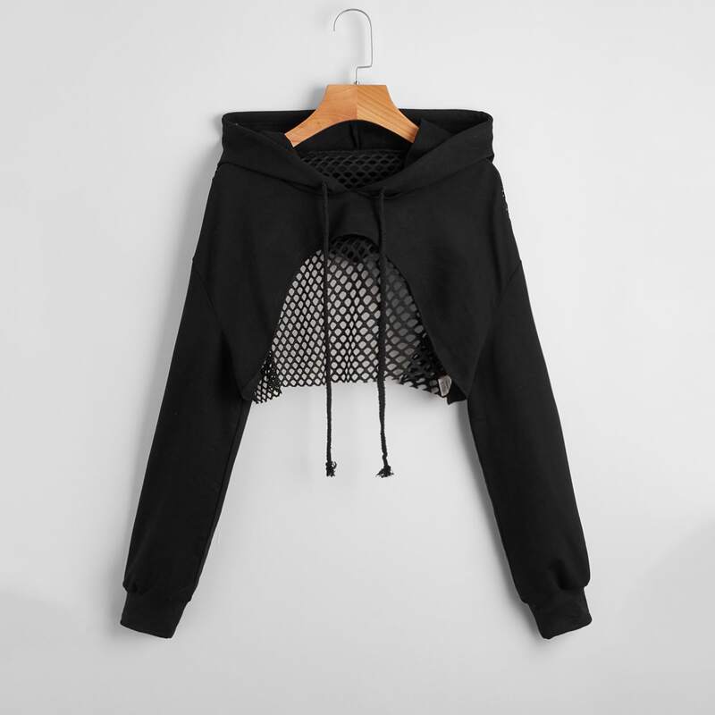 

Solid Hollow Out Hoodie, Black