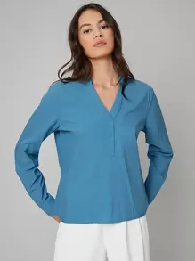 BizChic Top de cuello notch bajo irregular unicolor - Azul - Ver 3