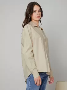 BizChic 素色弧形下擺襯衫 - 卡其色 - 查看 4