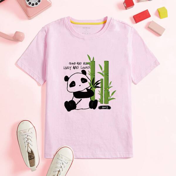 

Toddler Girls Cartoon Panda & Slogan Graphic Tee, Baby pink