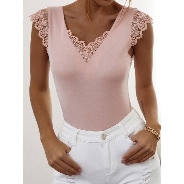 

Lace Panel Solid Slim Tee, Baby pink