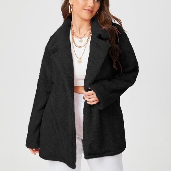 

Plus Solid Lapel Collar Teddy Coat, Black