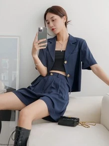 DAZY Solid Lapel Collar Blouse & Shorts Set - Navy Blue - View 1