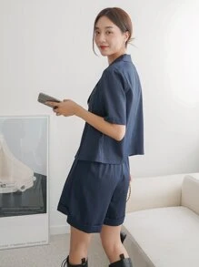 DAZY Solid Lapel Collar Blouse & Shorts Set - Navy Blue - View 2