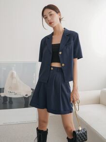 DAZY Solid Lapel Collar Blouse & Shorts Set - Navy Blue - View 3