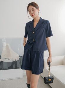 DAZY Solid Lapel Collar Blouse & Shorts Set - Navy Blue - View 4