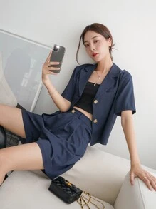 DAZY Solid Lapel Collar Blouse & Shorts Set - Navy Blue - View 5